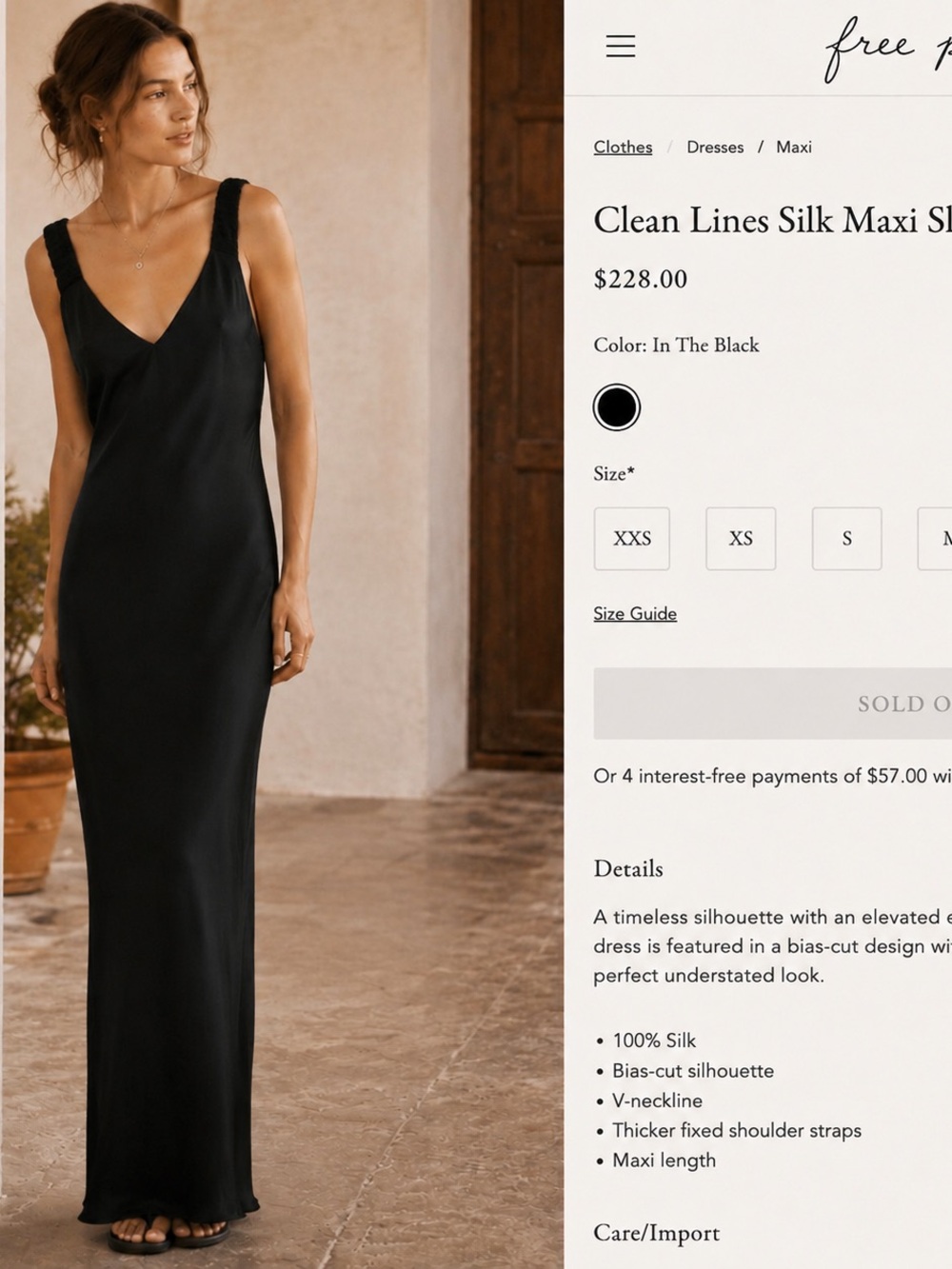 Free People Black Silk Maxi Slip Dress